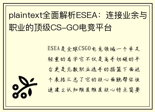 plaintext全面解析ESEA：连接业余与职业的顶级CS-GO电竞平台